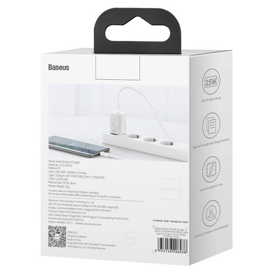 BASEUS SUPER SI 1C FAST WALL CHARGER USB TYPE C 25W POWER DELIVERY QUICK CHARGE WHITE (CCSP020102)