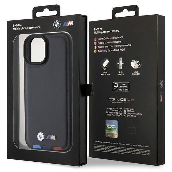 BMW BMHCP15S22PTDK iPhone 15 / 14 / 13  6.1" czarny/black Leather Stamp Tricolor