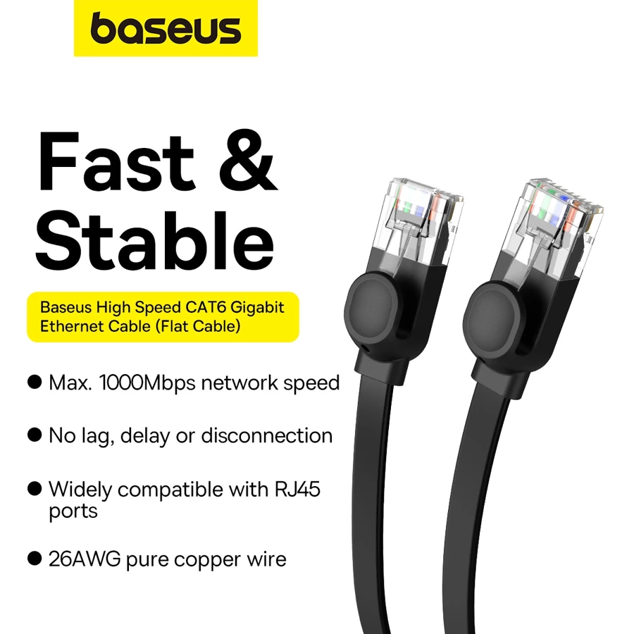 Baseus High Speed ​​Cat 6 RJ-45 1000Mb/s Ethernet cable 12m flat - black