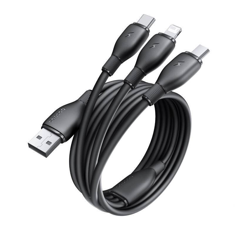 Baseus Kabel ultra-szybkiego ładowania One-for-Three USB-A do M+L+C 3.5A 0.8m Czarny