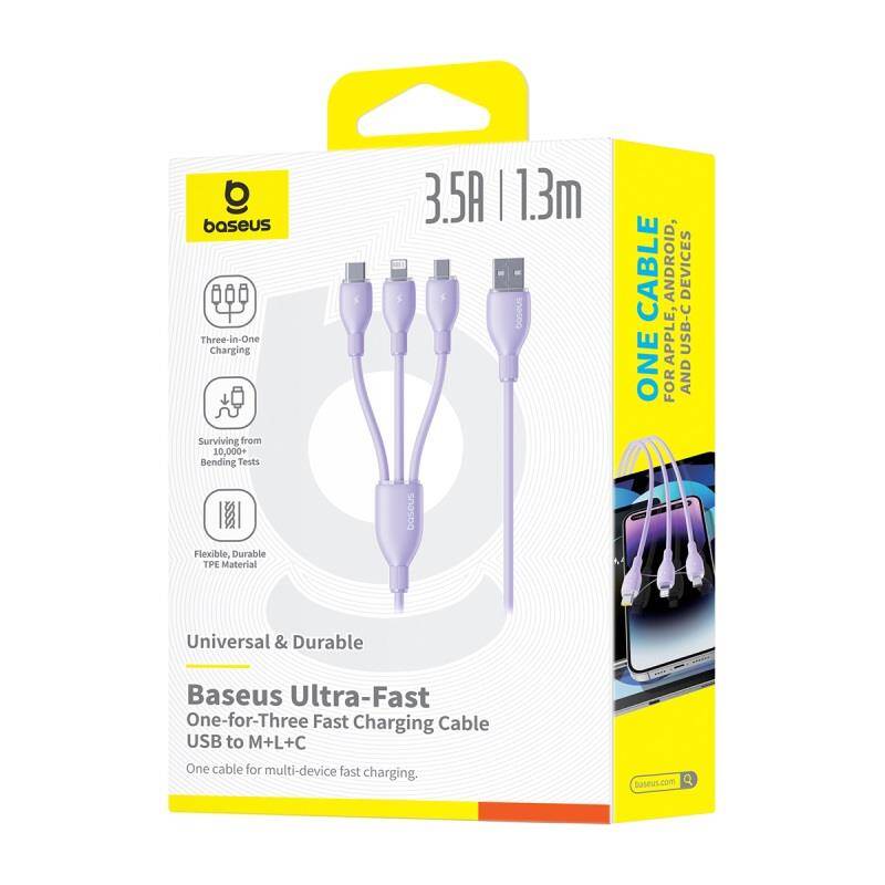 Baseus Kabel ultra-szybkiego ładowania One-for-Three USB-A do M+L+C 3.5A 1.3m Fioletowy