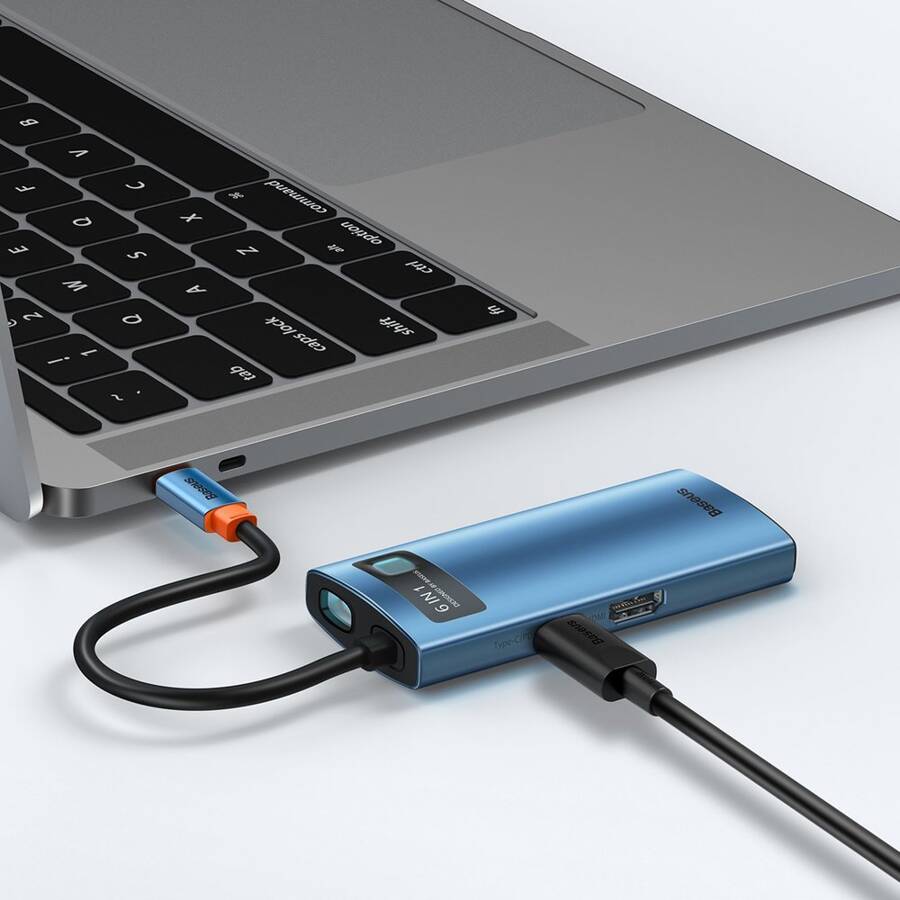 Baseus Metal Gleam 6in1 multifunctional HUB USB Type C - USB Type C Power Delivery 100W / HDMI 4K 30Hz / 3x USB 3.2 Gen 1 / RJ45 1Gbps blue (WKWG000003)