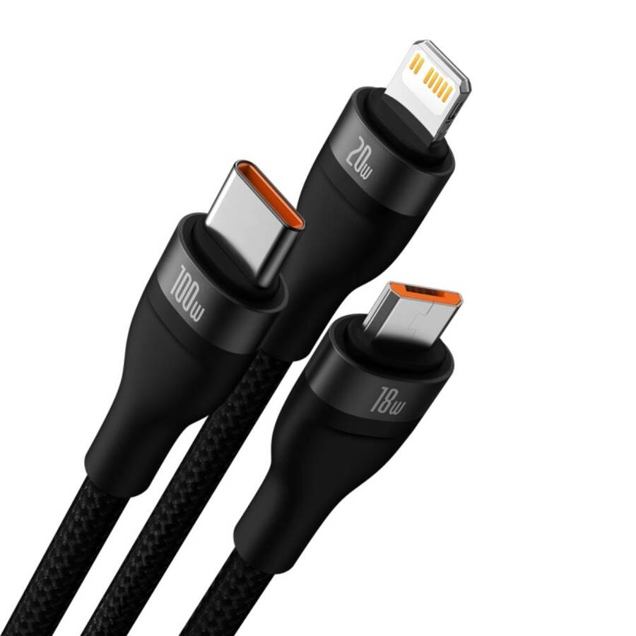 Baseus kabel 3w1 Flash II USB + USB-C - Lightning + USB-C + microUSB 1,5 m 3,5A czarny 100W