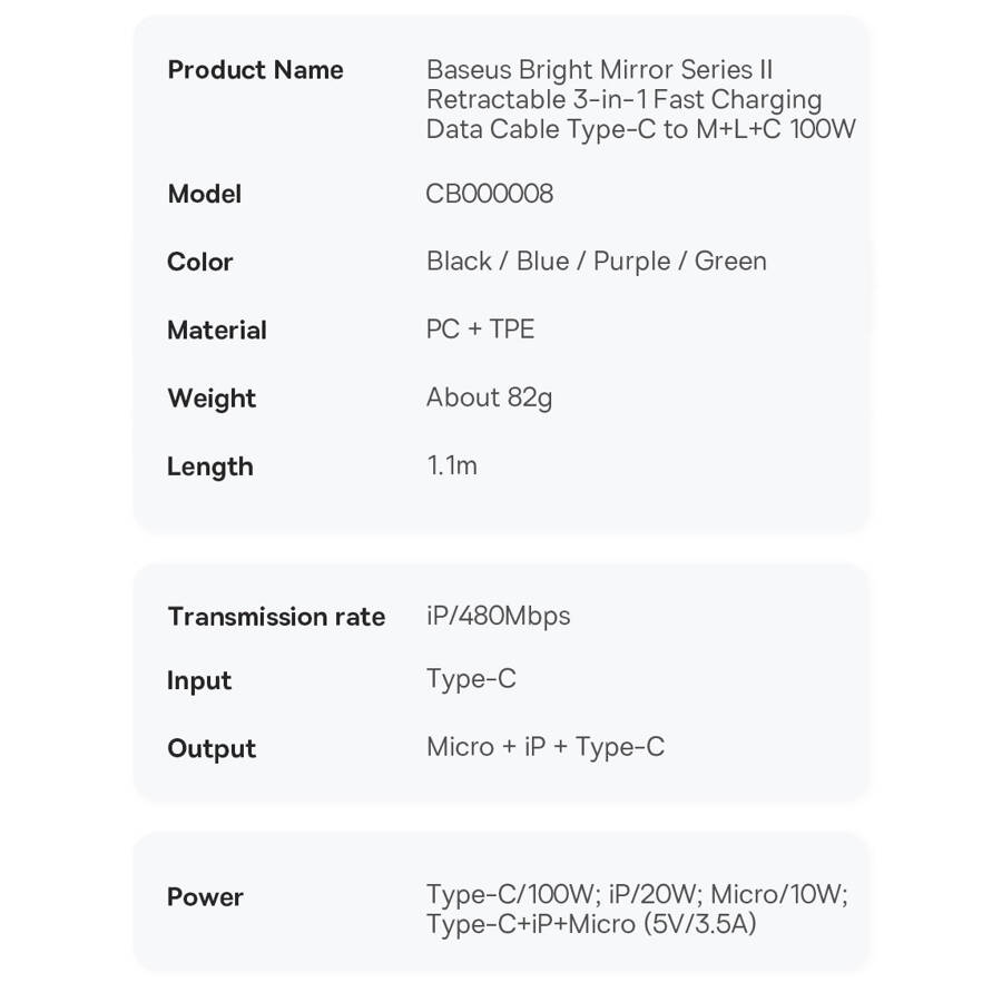 Baseus kabel Bright Mirror 2 3w1 USB - micro USB + Lightning + USB-C 1,1m 100W czarny zwijany