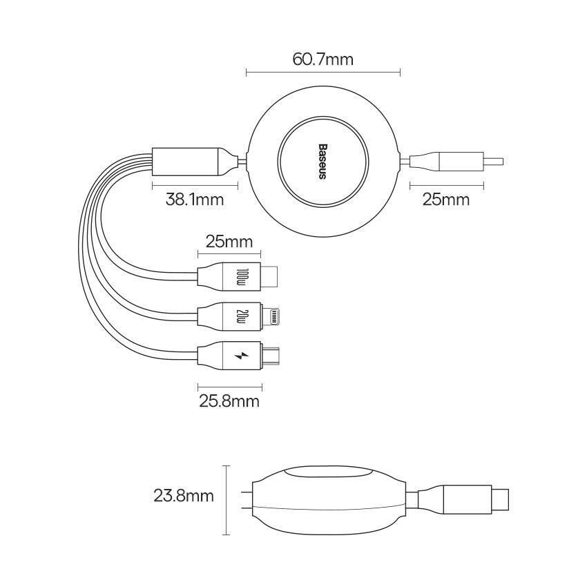 Baseus kabel Bright Mirror 2 3w1 USB - micro USB + Lightning + USB-C 1,1m 100W czarny zwijany