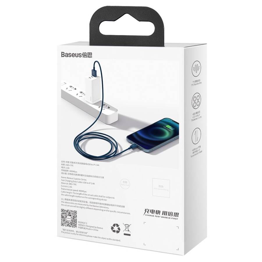 Baseus kabel Superior USB - Lightning 1,0 m 2,4A niebieski