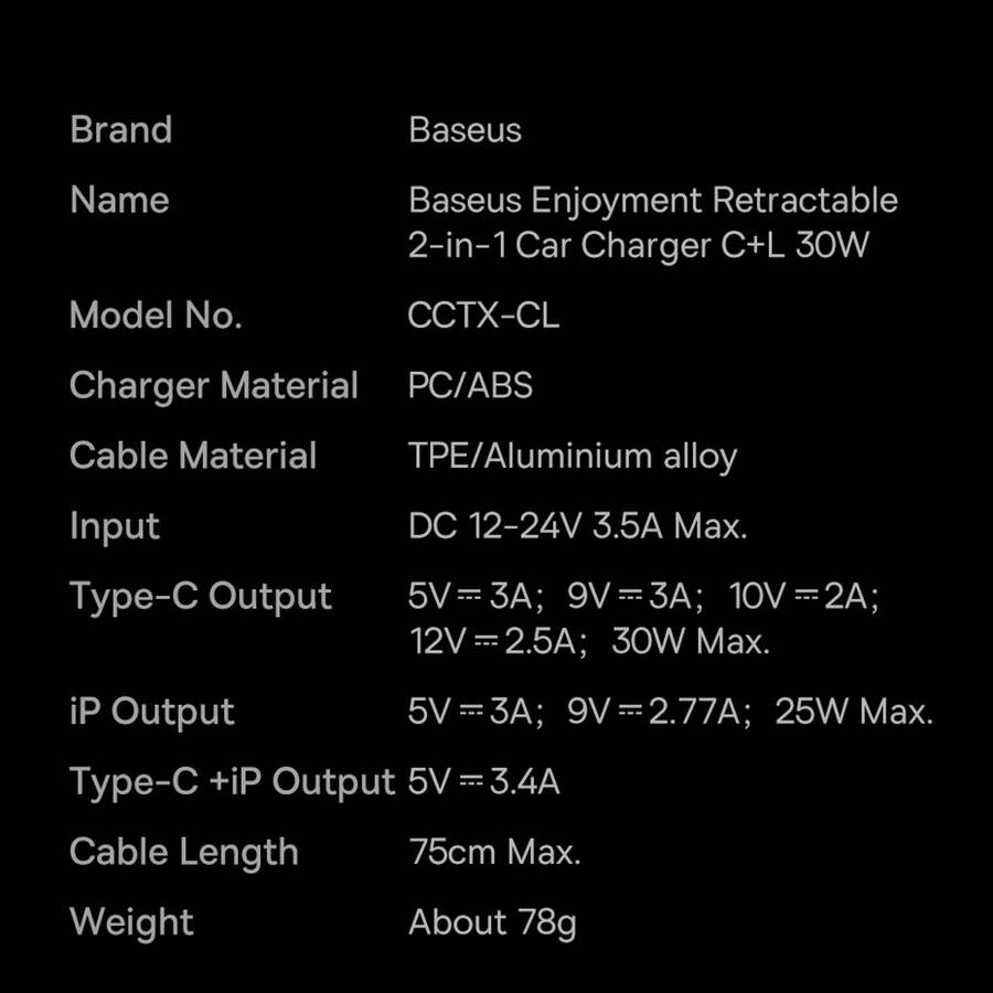Baseus ładowarka samochodowa Enjoyment Retractable 2w1 30W czarna z kablem 1x USB-C 1x Lightning