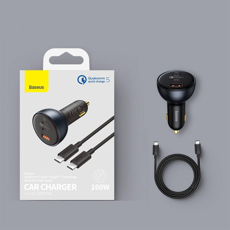 Baseus ładowarka samochodowa QC 5 PD 160W 1x USB 2x USB-C czarna + kabel USB-C - USB-C