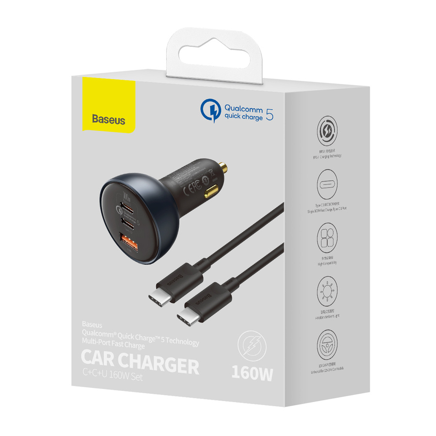 Baseus ładowarka samochodowa QC 5 PD 160W 1x USB 2x USB-C czarna + kabel USB-C - USB-C