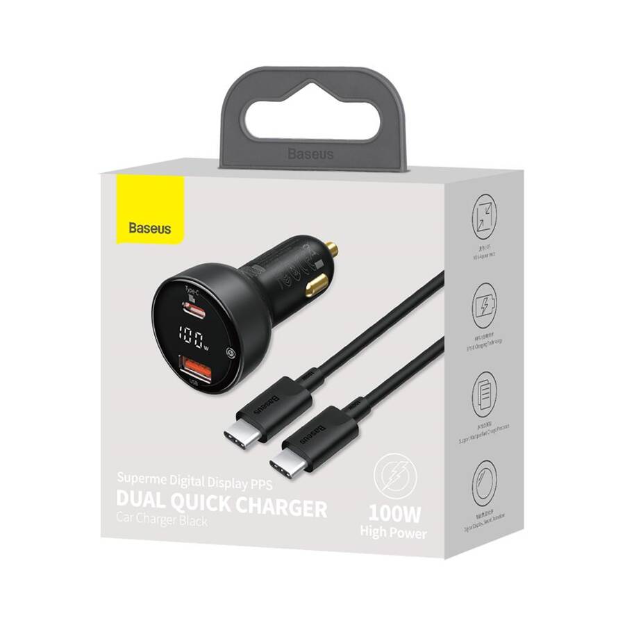 Baseus ładowarka samochodowa Superme PD 100W 1x USB 1x USB-C czarna + kabel USB-C - USB-C