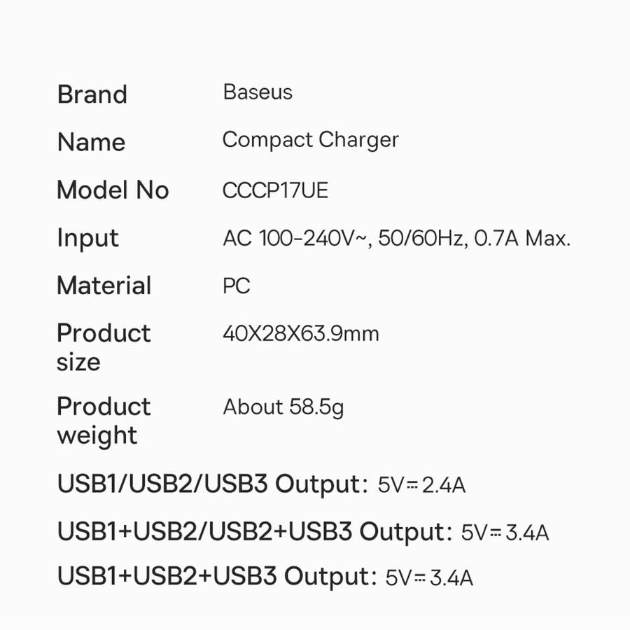 Baseus ładowarka sieciowa Compact 3 x USB biała 17W