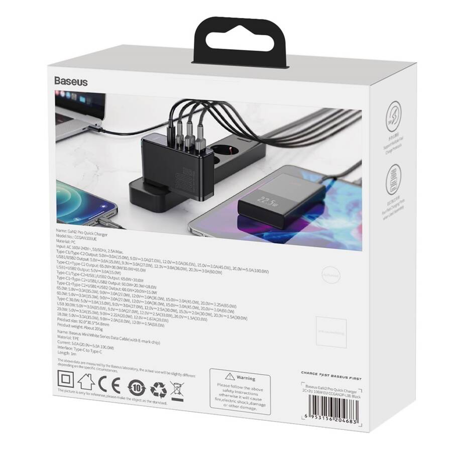 Baseus ładowarka sieciowa GaN2 Pro PD 100W 2x USB-C 2x USB czarna