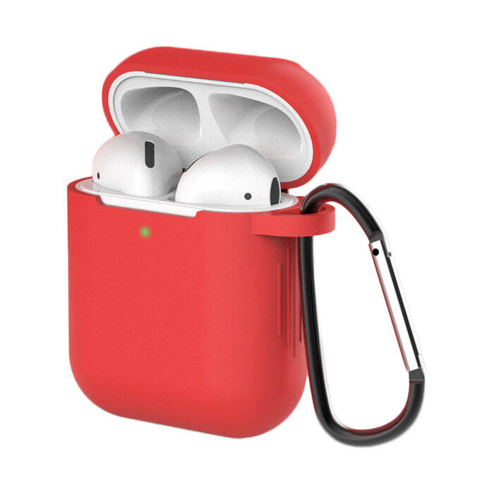 CASE FOR AIRPODS 2 / AIRPODS 1 SILICONE SOFT CASE FOR HEADPHONES + KEYCHAIN CARABINER PENDANT RED (CASE D)