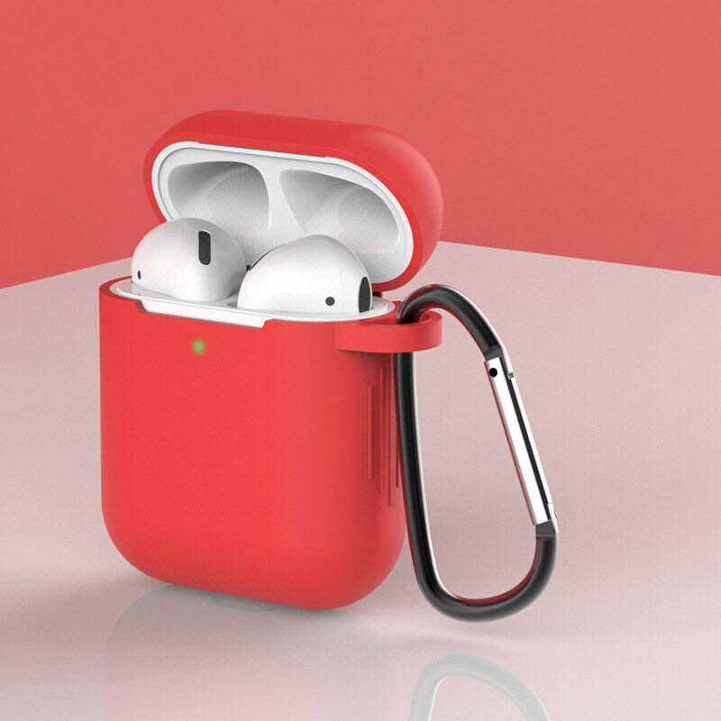 CASE FOR AIRPODS 2 / AIRPODS 1 SILICONE SOFT CASE FOR HEADPHONES + KEYCHAIN CARABINER PENDANT RED (CASE D)