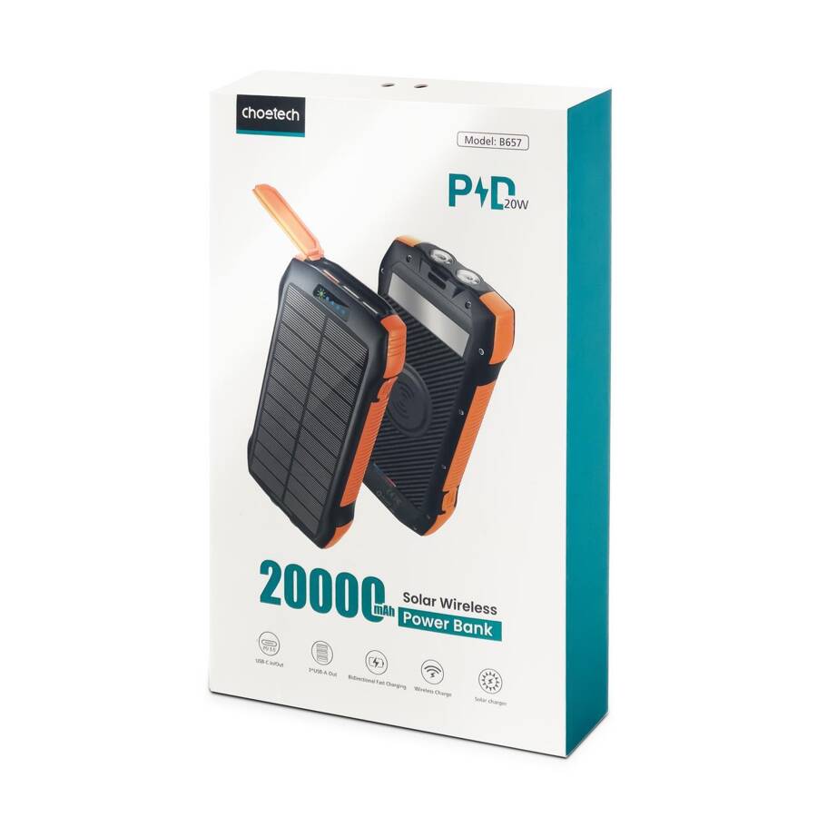 CHOETECH SOLAR POWER BANK WITH INDUCTIVE CHARGING 20000MAH PD 20W / QC 18W / QI 10W ORANGE (B657)