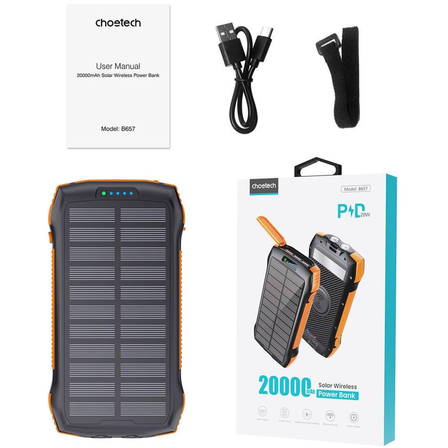 CHOETECH SOLAR POWER BANK WITH INDUCTIVE CHARGING 20000MAH PD 20W / QC 18W / QI 10W ORANGE (B657)