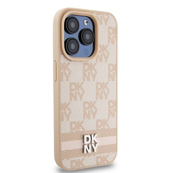 DKNY DKHCP15LPCPTSSP iPhone 15 Pro 6.1" różowy/pink hardcase Leather Checkered Mono Pattern & Printed Stripes