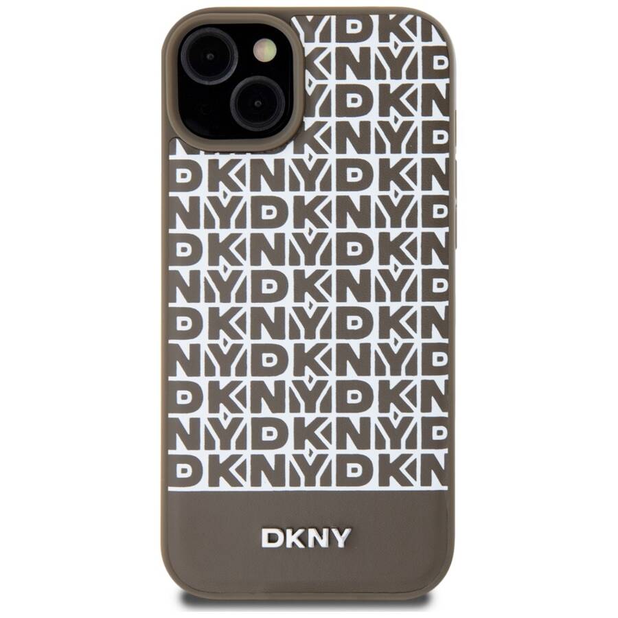 DKNY DKHMP15SPSOSPW iPhone 15 / 14 / 13 6.1" brązowy/brown hardcase Leather Printed Pattern Metal Logo MagSafe