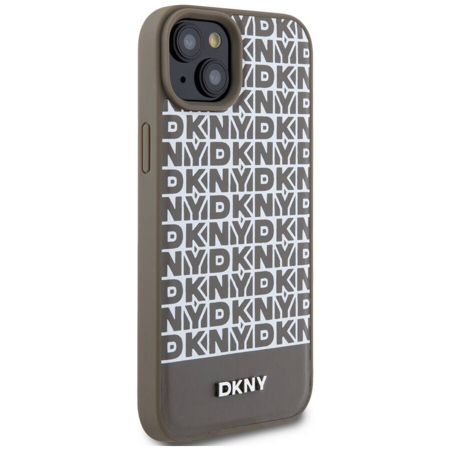 DKNY DKHMP15SPSOSPW iPhone 15 / 14 / 13 6.1" brązowy/brown hardcase Leather Printed Pattern Metal Logo MagSafe