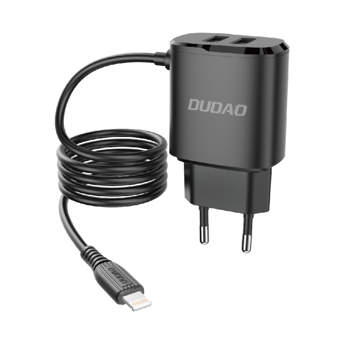 DUDAO 2X USB WALL CHARGER WITH BUILT-IN 12W LIGHTNING CABLE BLACK (A2PROL BLACK)