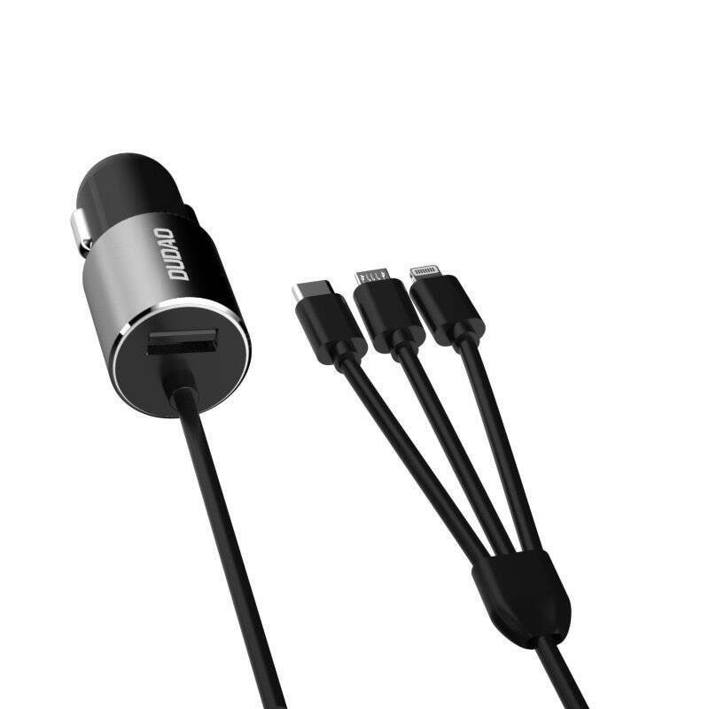 DUDAO 3IN1 USB CAR CHARGER 3,4 A BUILT-IN CABLE LIGHTNING / USB TYPE C / MICRO USB BLACK (R5PRON BLACK)