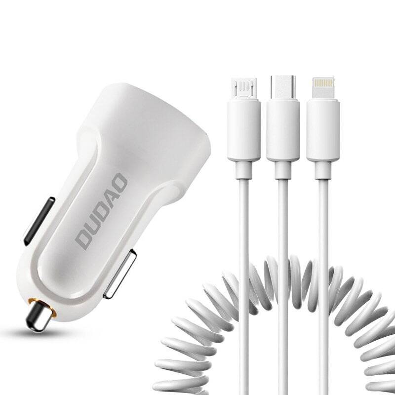 DUDAO CAR KIT CHARGER 2X USB 2.4A + CABLE USB 3IN1 LIGHTNING / TYPE C / MICRO USB CABLE WHITE (R7 WHITE)