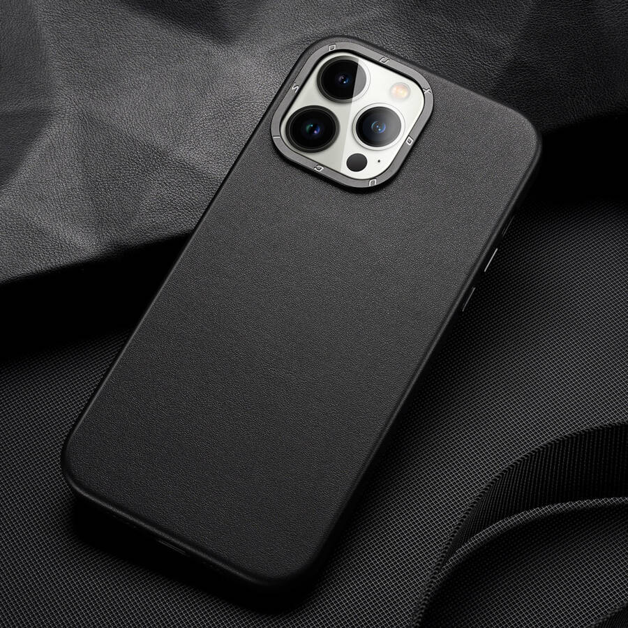 DUX DUCIS GRIT LEATHER CASE FOR IPHONE 14 PRO ELEGANT FAUX LEATHER COVER (MAGSAFE COMPATIBLE) BLACK