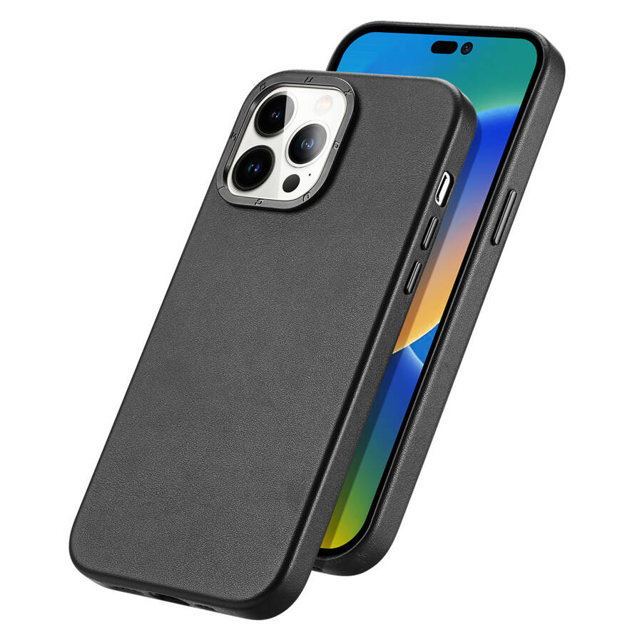 DUX DUCIS GRIT LEATHER CASE FOR IPHONE 14 PRO ELEGANT FAUX LEATHER COVER (MAGSAFE COMPATIBLE) BLACK