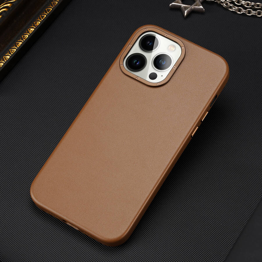 DUX DUCIS GRIT LEATHER CASE FOR IPHONE 14 PRO ELEGANT FAUX LEATHER COVER (MAGSAFE COMPATIBLE) BROWN