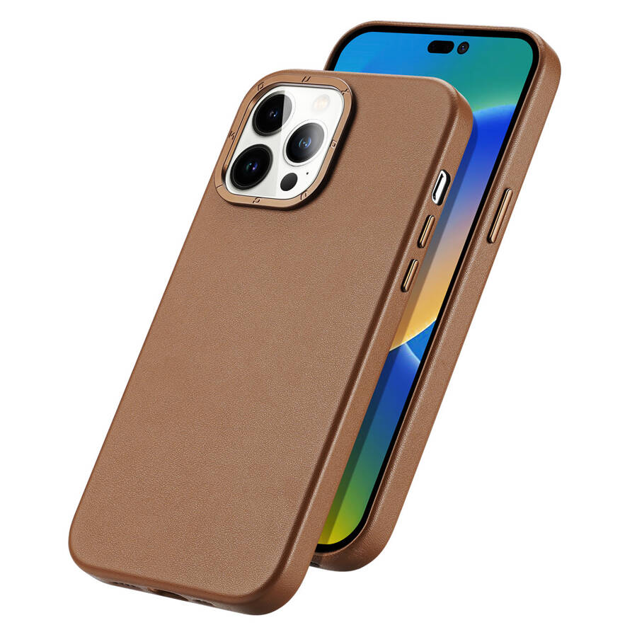 DUX DUCIS GRIT LEATHER CASE FOR IPHONE 14 PRO ELEGANT FAUX LEATHER COVER (MAGSAFE COMPATIBLE) BROWN