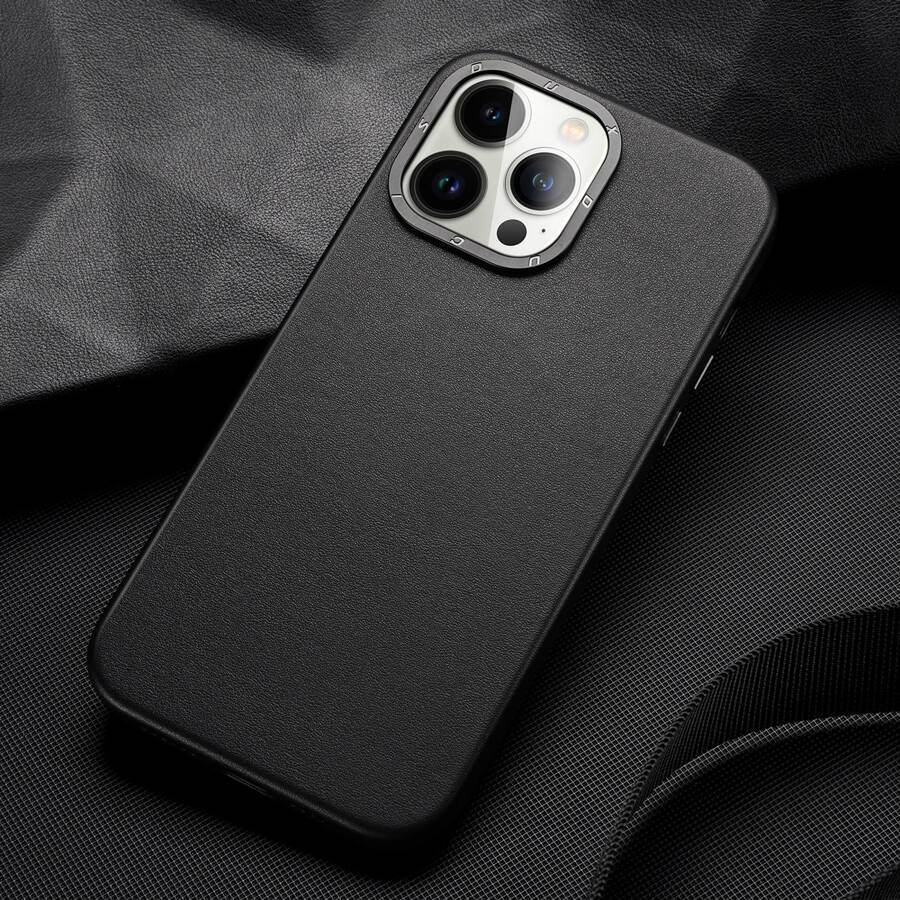 DUX DUCIS GRIT LEATHER CASE FOR IPHONE 14 PRO MAX ELEGANT FAUX LEATHER COVER (MAGSAFE COMPATIBLE) BLACK