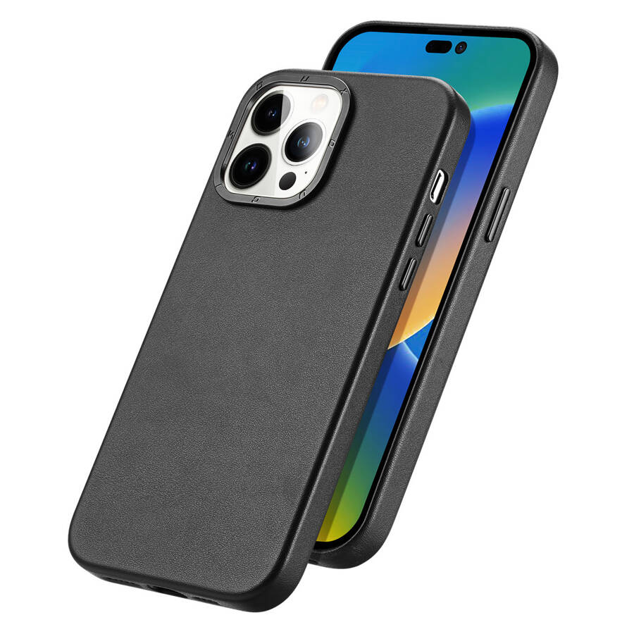 DUX DUCIS GRIT LEATHER CASE FOR IPHONE 14 PRO MAX ELEGANT FAUX LEATHER COVER (MAGSAFE COMPATIBLE) BLACK