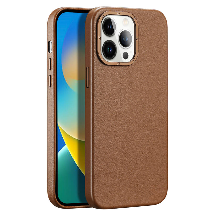 DUX DUCIS GRIT LEATHER CASE FOR IPHONE 14 PRO MAX ELEGANT FAUX LEATHER COVER (MAGSAFE COMPATIBLE) BROWN