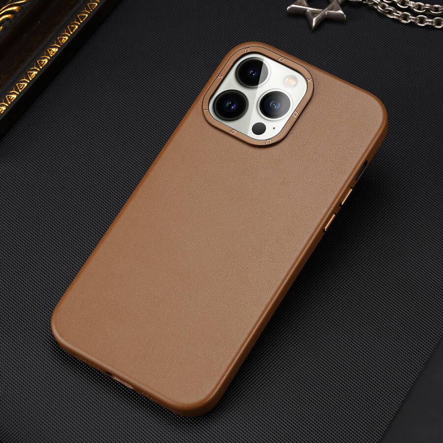 DUX DUCIS GRIT LEATHER CASE FOR IPHONE 14 PRO MAX ELEGANT FAUX LEATHER COVER (MAGSAFE COMPATIBLE) BROWN