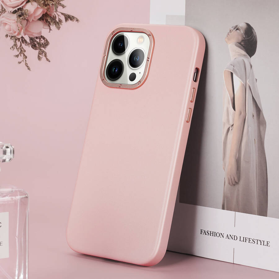 DUX DUCIS GRIT LEATHER CASE FOR IPHONE 14 PRO MAX ELEGANT FAUX LEATHER COVER (MAGSAFE COMPATIBLE) PINK