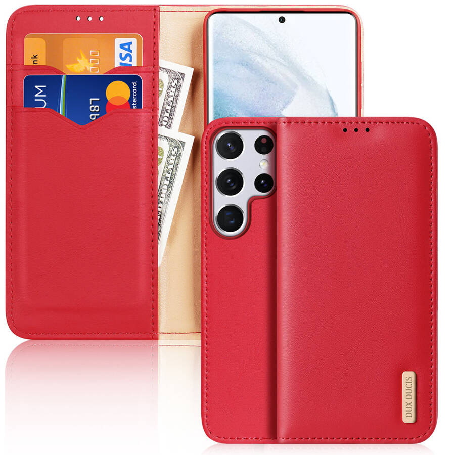 DUX DUCIS HIVO LEATHER FLIP COVER GENUINE LEATHER WALLET FOR CARDS AND DOCUMENTS SAMSUNG GALAXY S22 ULTRA RED