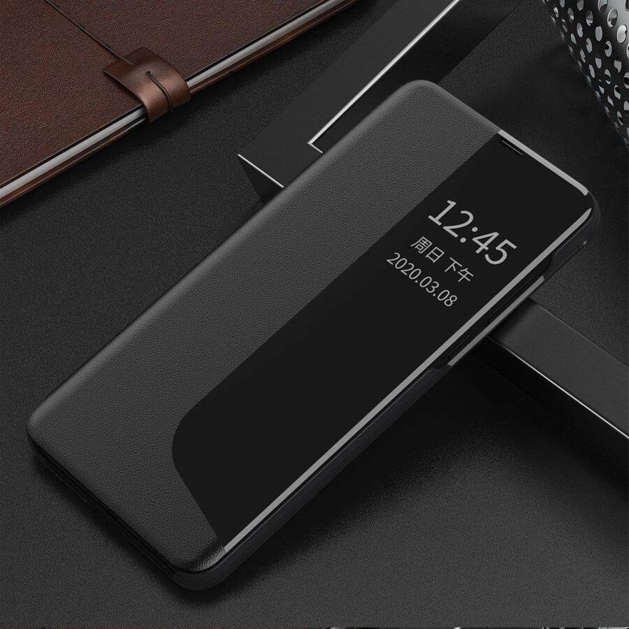 ECO LEATHER VIEW CASE ELEGANT BOOKCASE TYPE CASE WITH KICKSTAND FOR HUAWEI P40 LITE E BLACK