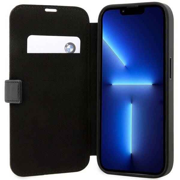 Etui BMW BMBKP14X22RVSK iPhone 14 Pro  Max 6,7" czarny/black bookcase Leather Stamp Blue Lines