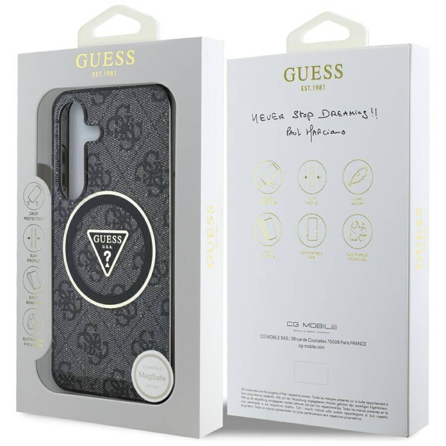 Etui Guess 4G Glitter Triangle Buttons    MagSafe do Samsung Galaxy S25 czarny