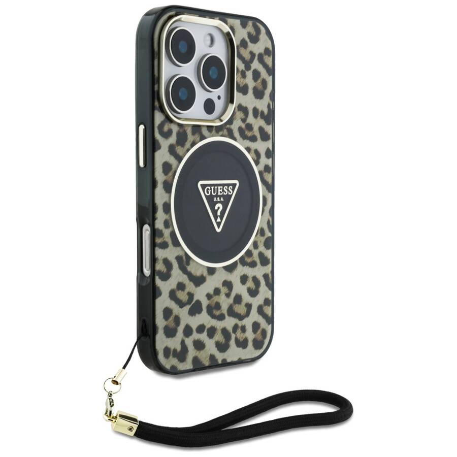 Etui Guess HC IML Leopard Triangle Cord   Strap do iPhone 16 Pro MagSafe brązowy