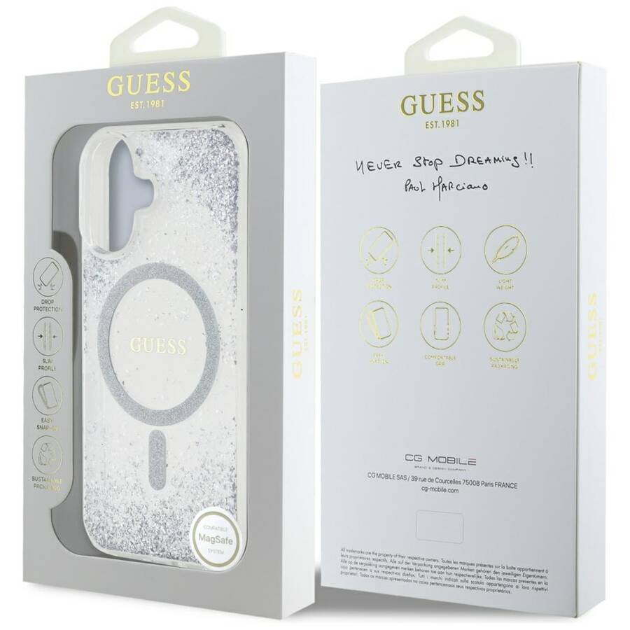 Etui Guess HC Resin Bottom Glitter do     iPhone 16 MagSafe srebrny