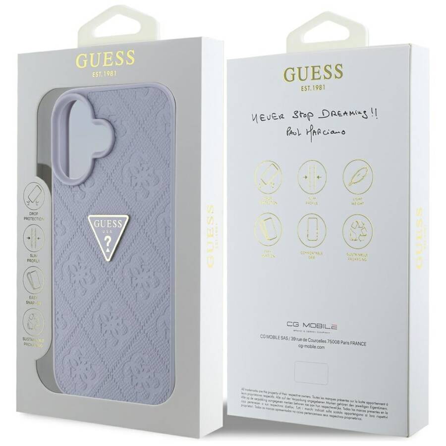 Etui Guess Hot Stamp 4G Pattern Triangle  Metal Logo do iPhone 16 fioletowy