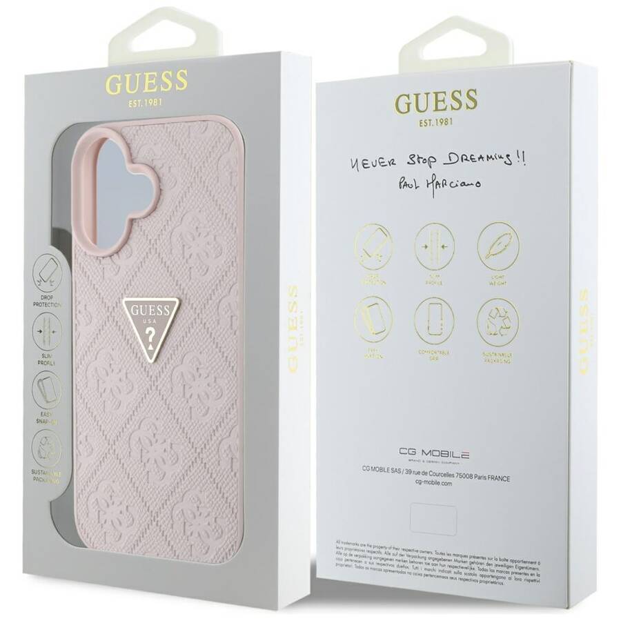 Etui Guess Hot Stamp 4G Pattern Triangle  Metal Logo do iPhone 16 różowy