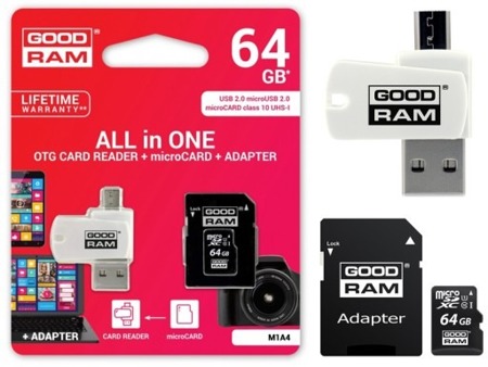 GOODRAM MICROSDHC MEMORY CARD ADAPTER 64GB + CLASS 10 UHS 1 + READER