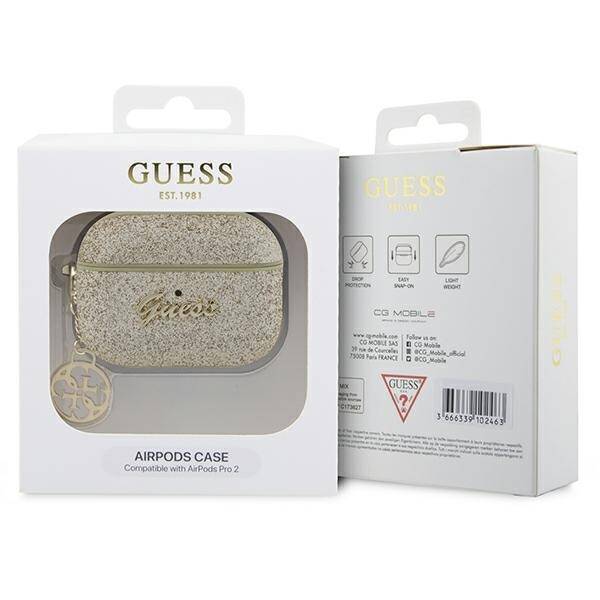 GUESS GUAP2GLGSHD AIRPODS PRO 2 (2022/2023) COVER ZLOTY/GOLD GLITTER FLAKE 4G CHARM