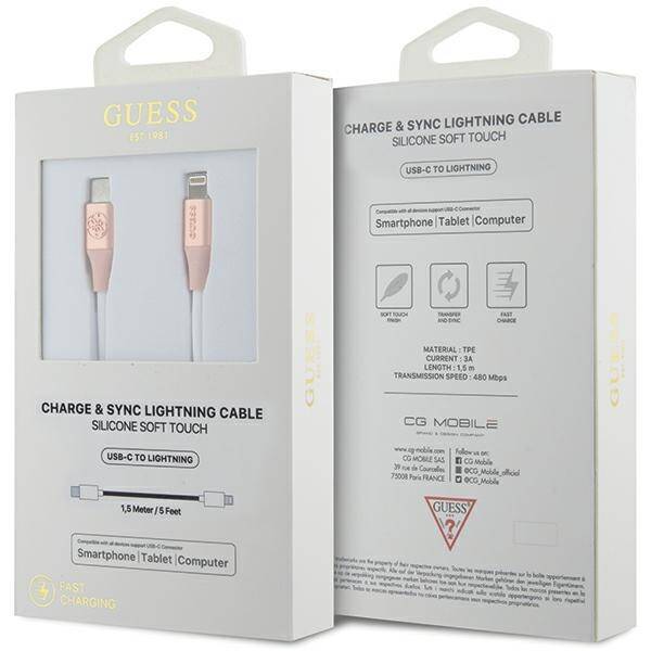 GUESS GUCLLALRGDP USB-C CABLE - LIGHTNING 1.5M FAST CHARGING PINK/PINK EBOSSED LOGO