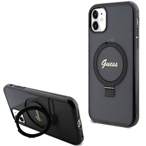 GUESS GUHMN61HRSGSK IPHONE 11 / XR 6.1 "BLACK / BLACK HARDCASE RING STAND SCRIPT GLITTER MAGSAFE