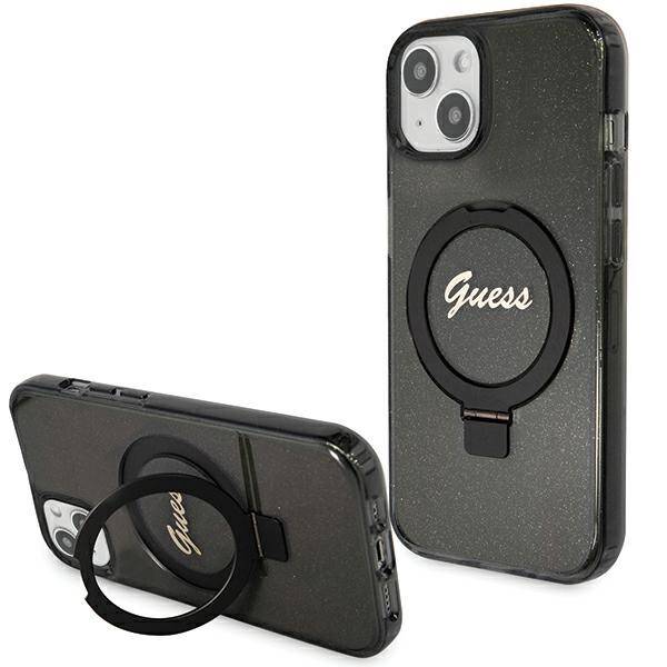 GUESS GUHMP13MHRSGSK IPHONE 13/14/15 6.1 "BLACK / BLACK HARDCASE RING STAND SCRIPT GLITTER MAGSAFE