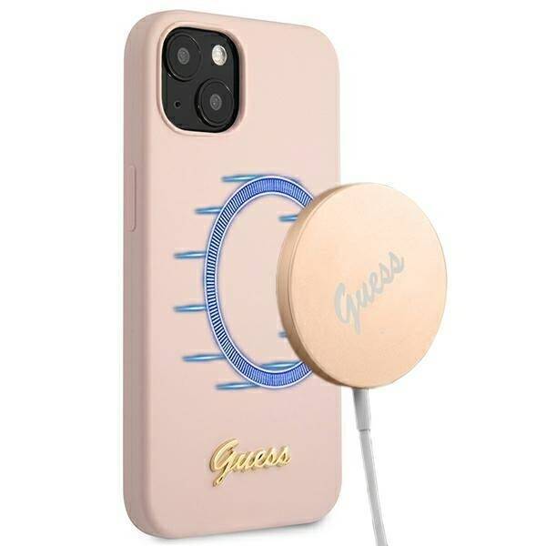 GUESS GUHMP13MLSLMGGLP IPHONE 13/14/15 6.1 "LIGHT PINK / LIGHT PINK HARDCASE SILICONE SCRIPT GOLD LOGO MAGSAFE