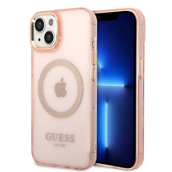 GUESS GUHMP14SHTCMP IPHONE 14/15/13 6.1 "PINK / PINK HARD CASE GOLD OUTLINE TRANSLUENT MAGSAFE